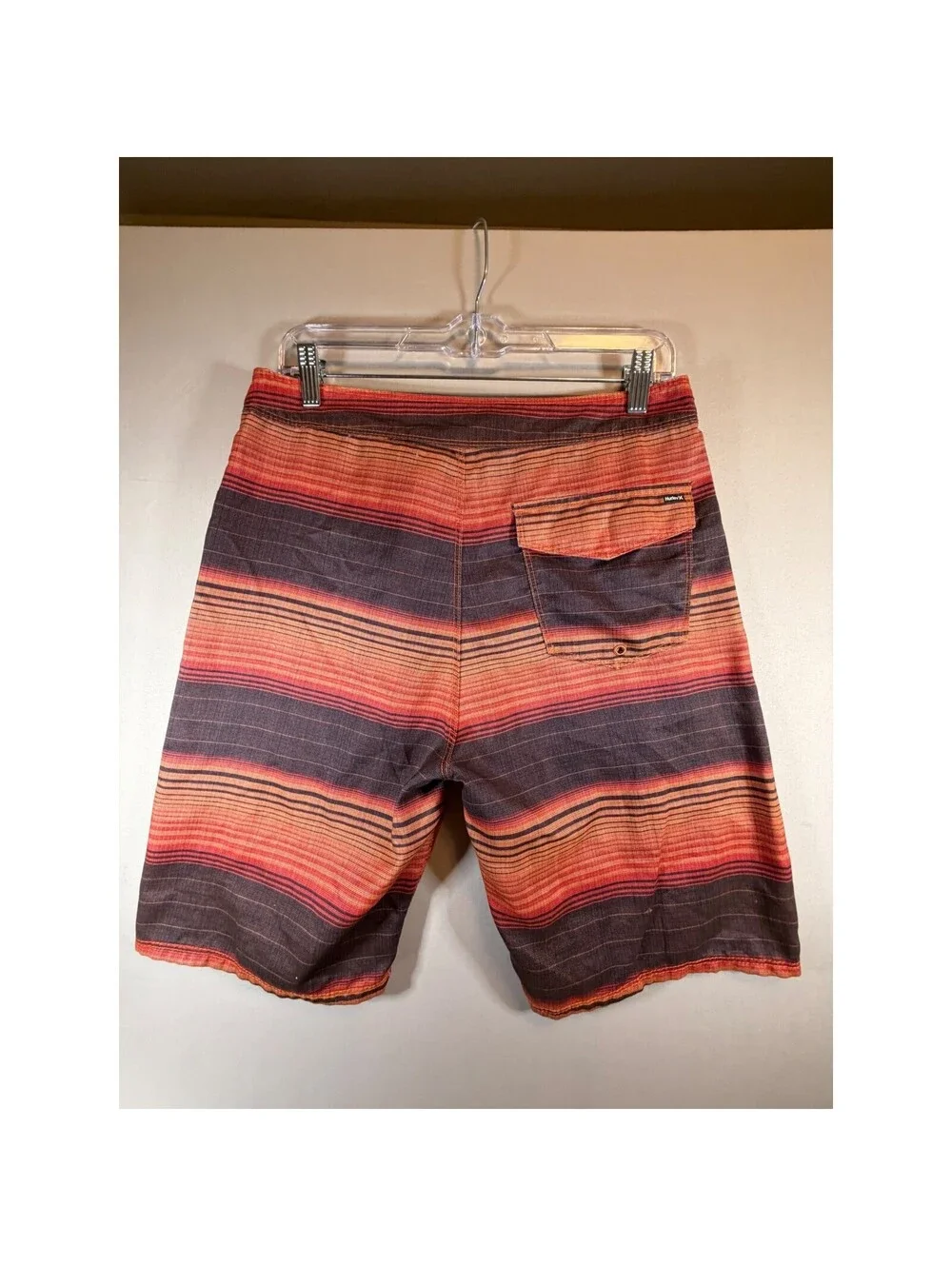 Hurley Mens Board Shorts Size 30 Orange Red Striped Swim Trunks Logo Beachwear